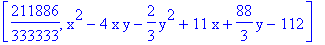 [211886/333333, x^2-4*x*y-2/3*y^2+11*x+88/3*y-112]